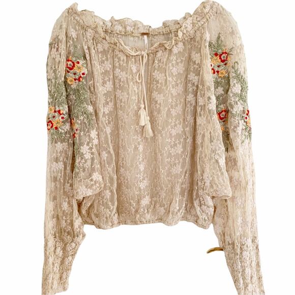 Free People Embroidered Lace Floral Pattern Boho Top Small - Picture 2 of 10